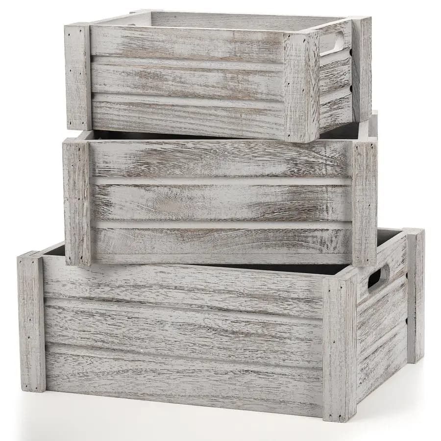 Set of 3 Wooden Drawers with Handles, Stackable Rustic Containers, Decorative Baskets in Fruit Wood, Vegetable, Home