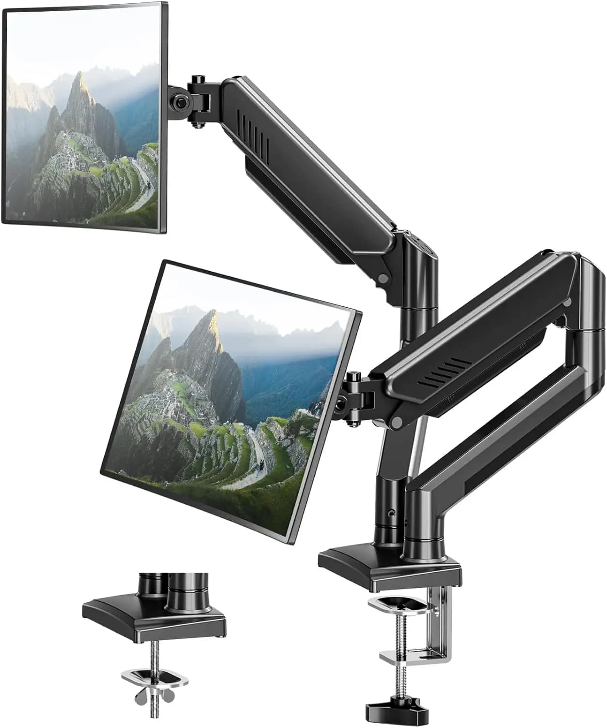 13-32 inch double monitor desk support, adjustable arm with clamp/through hole, VESA 75/100mm bracket