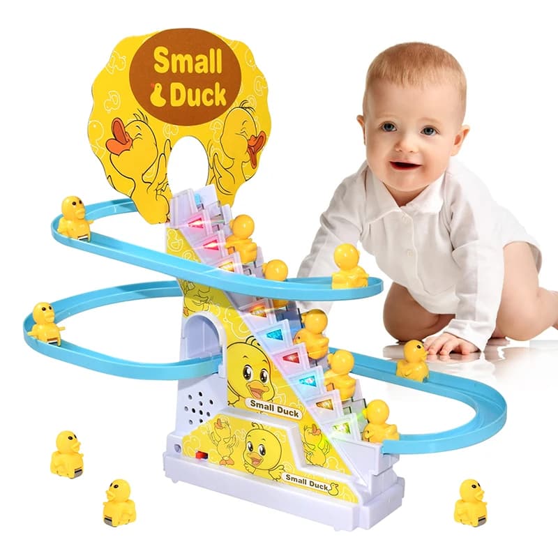 Scale da arrampicata Pista Giocattoli Anatra elettrica Binario fai da te Pista da corsa Montagne russe Giocattoli Set Giocattolo educativo di musica leggera per regalo per bambini