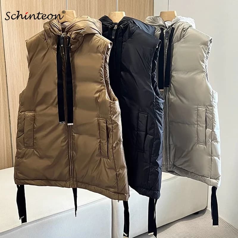 Schinteon Donna 90% Piumino d'anatra bianco con cappuccio Giacca casual senza maniche Semplice tinta unita Moda Autunno Inverno Top 2025