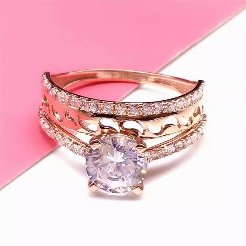 Moda romantica 585 anelli di diamanti intarsiati in oro viola per le donne squisiti gioielli di fidanzamento con placcatura in oro rosa 14K di lusso leggero