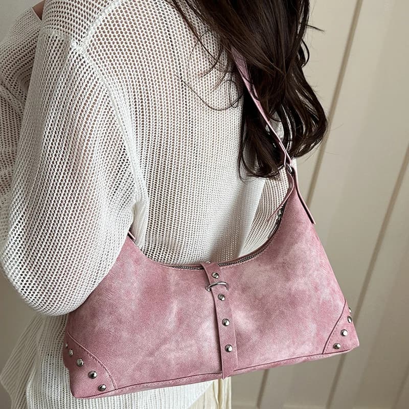Fashion Designer Buckle Underarm Bag Women Rivet Vintage Leather Shoulder Bag Girls Simple Pink Handbag Female Commute Tote Bag