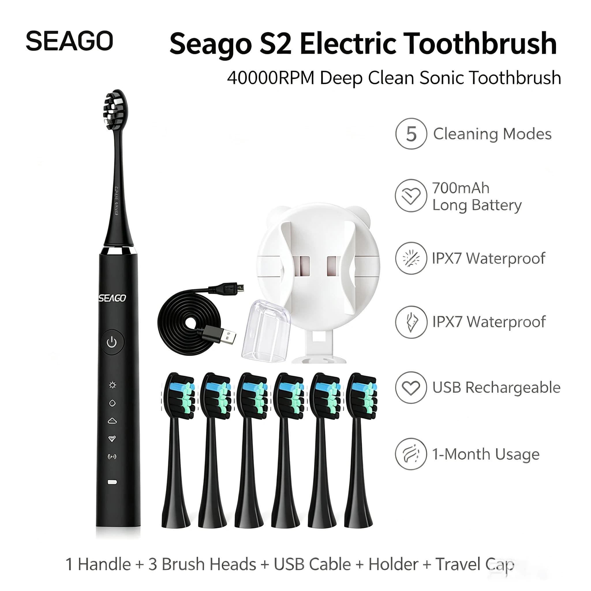 S2 Sonic Electric Toothbrush 5 Cleaning Modes IPX7 Waterproof Long Lasting USB Rechargeable Tooth Brush With 10 Brush Heads