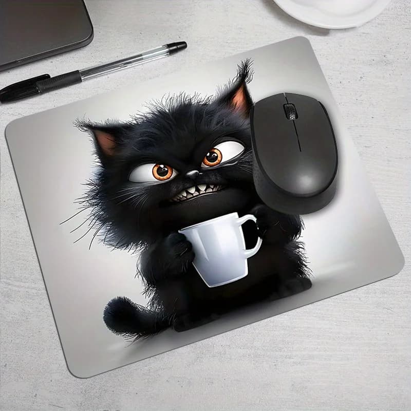 Cute Black Cat Square Mouse Pad Non-Slip Rubber Mat for Office Gaming Gamers Home or Office Adorable Cartoon Desk Mats Rug