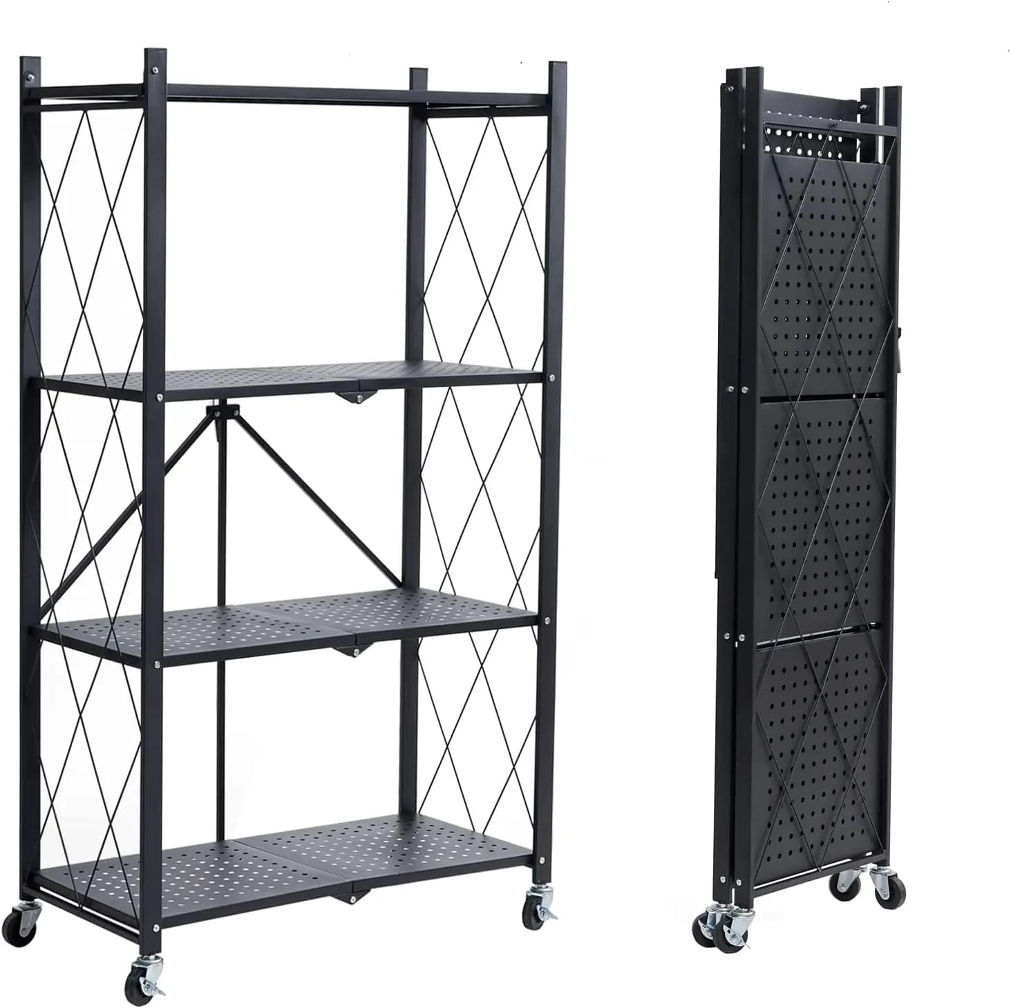 Scaffale Pieghevole a 4 Ripiani con Ruote, Organizzatore Resistente Senza Montaggio per Garage, Cucina, Seminterrato, Dispensa, Nero
