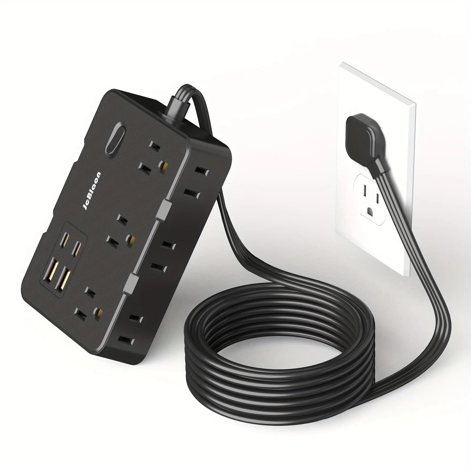 Ultra Thin Flat Plug Extension Cable with 4 USB ports (2 USB C), 5 Foot Overvoltage Guard, 6-point Extension Widely