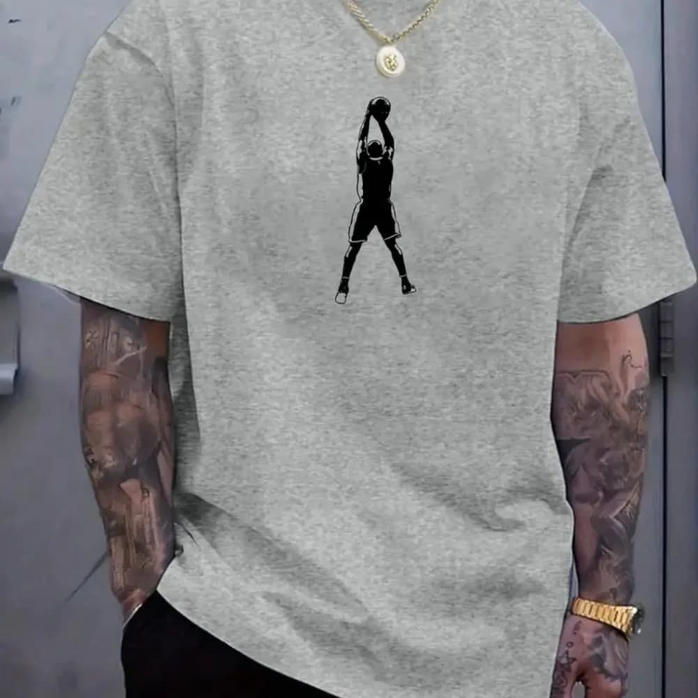 Men's T-shirt, 100% cotton, basketball player's silhouette print, crew neck, short sleeves, simple sports style top.