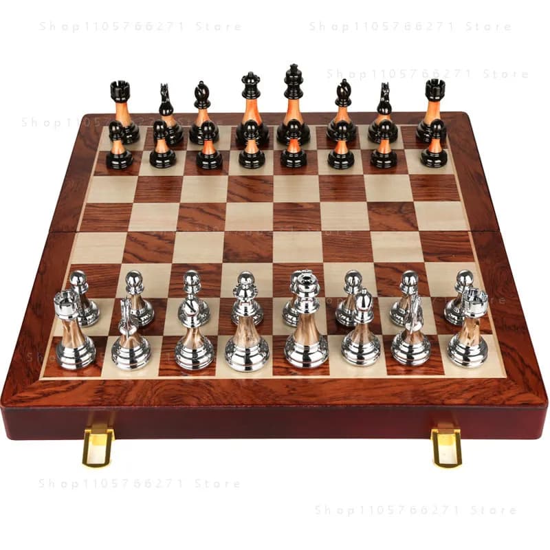 Luxury Metal Chess Figures Wooden Chess Set Professional Folding Family Classic Board Games Chess Home Ornaments Collection