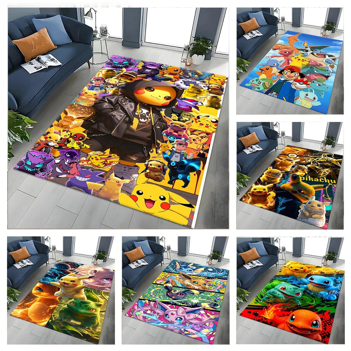 Japan Anime 3D P-Pikachu P-Pokemon Cartoon Carpet Rug for Living Room Art Decor Sofa Home Kids Game Area Rug Non-slip Floor Mat