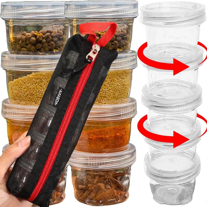 Set di 5 Contenitori Trasparenti per Spezie, Kit di Bottiglie Interconnesse Portatili per Cucina, Viaggi, Campeggio, Barbecue