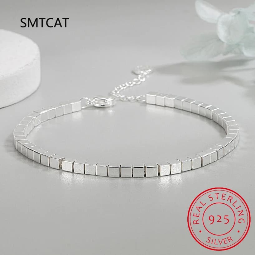 Bracciale con perline quadrate in vero argento sterling 925 originale per le donne, festa di nozze, compleanno, anniversario, regalo raffinato DA2773