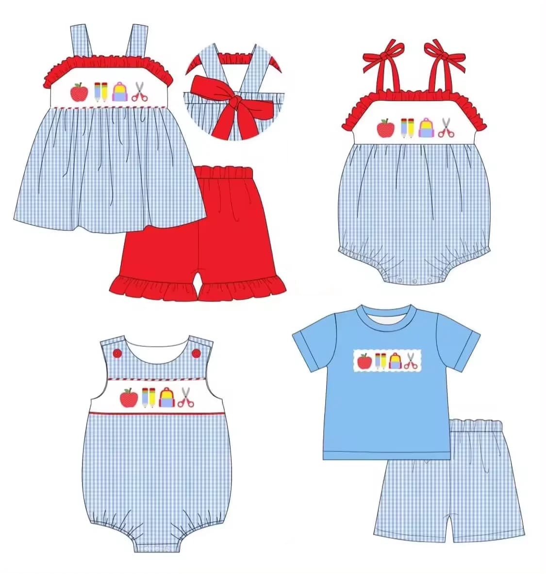 Baby girl clothes baby boy outfit Apple Pencil School Bag Scissor Print short sleeve set back to school series baby rompers