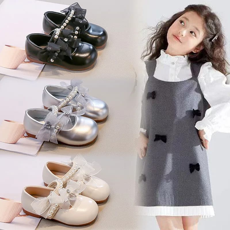 Scarpe da principessa per ragazze Primavera Autunno Nuovo fiocco Perla Strass Scarpe in pelle PU Moda Suola morbida Mocassino per studenti scolastici Mary Jane