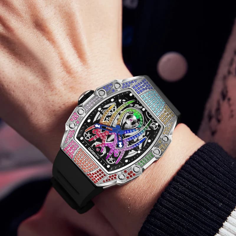 HANBORO Orologio automatico da uomo Tonneau Orologio da polso meccanico di lusso 5Bar Quadrante e lunetta con ragno di cristallo scheletro impermeabile