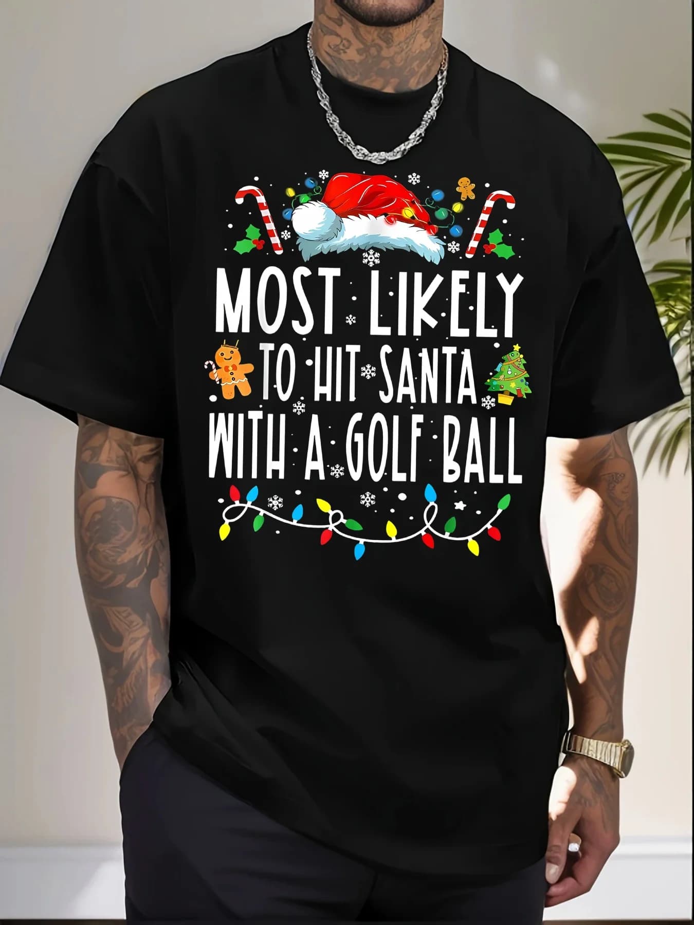 T-shirt natalizia per tutte le stagioni con pallina da golf Babbo Natale 100% cotone