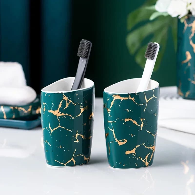 Texture in marmo dorato Bagno Setceramics Portaspazzolino Dispenser di sapone Portasapone Accessori per il bagno Decorazioni per la casa nordica