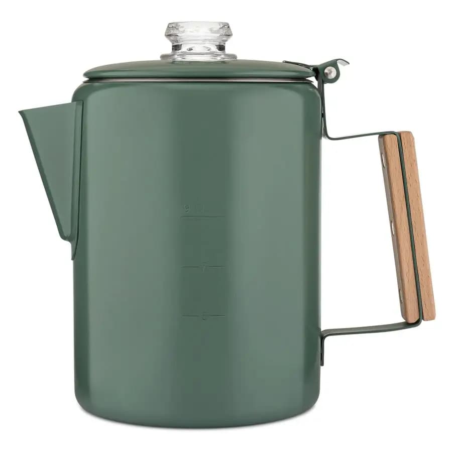 Bozeman Green percolator coffee maker, for camping, preferred by campers, without aluminum or plastic, 9 cups, green color.