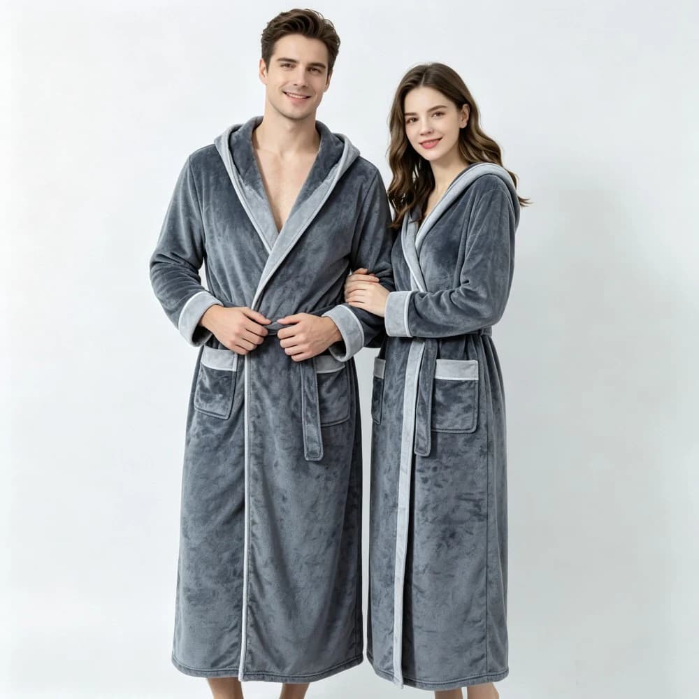 Men and Women Long Flannel Robes Hooded Fleece Bathrobe Couple Extra Long Fluffy Sleep Robe Cozy House Robe with Belt Pockets