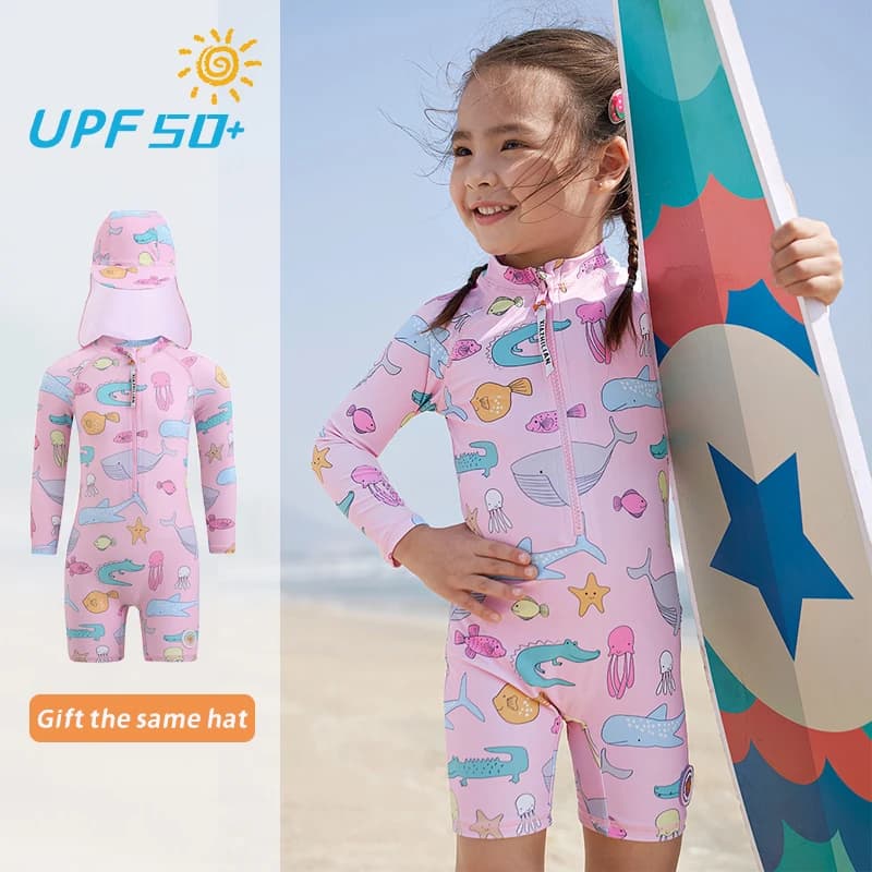 2024 new girls swimsuit full costume UPF50 + children's print long sleeve child swimsuits children's beach