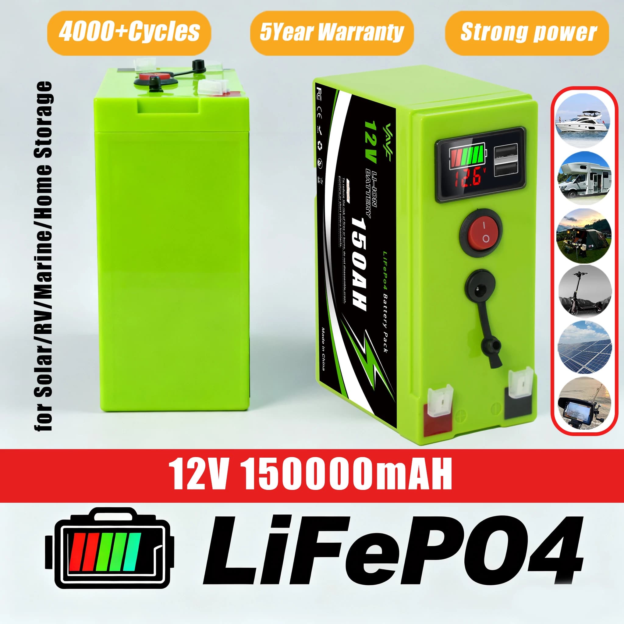 Batteria al litio 12V 18650 Batteria al litio 150Ah LiFeP04 con BMS 4000 + cicli Perfetta per Fish Finder solare Ruota elettrica Barca Casa RV 🌽