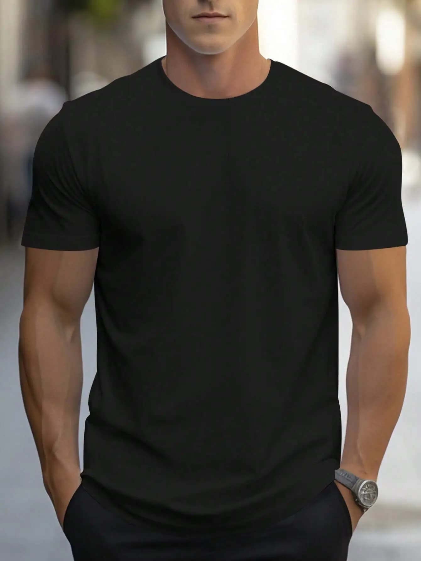T-Shirt da Uomo Nera a Tinta Unita con Collo Rotondo e Maniche Corte per Uso Quotidiano Casual