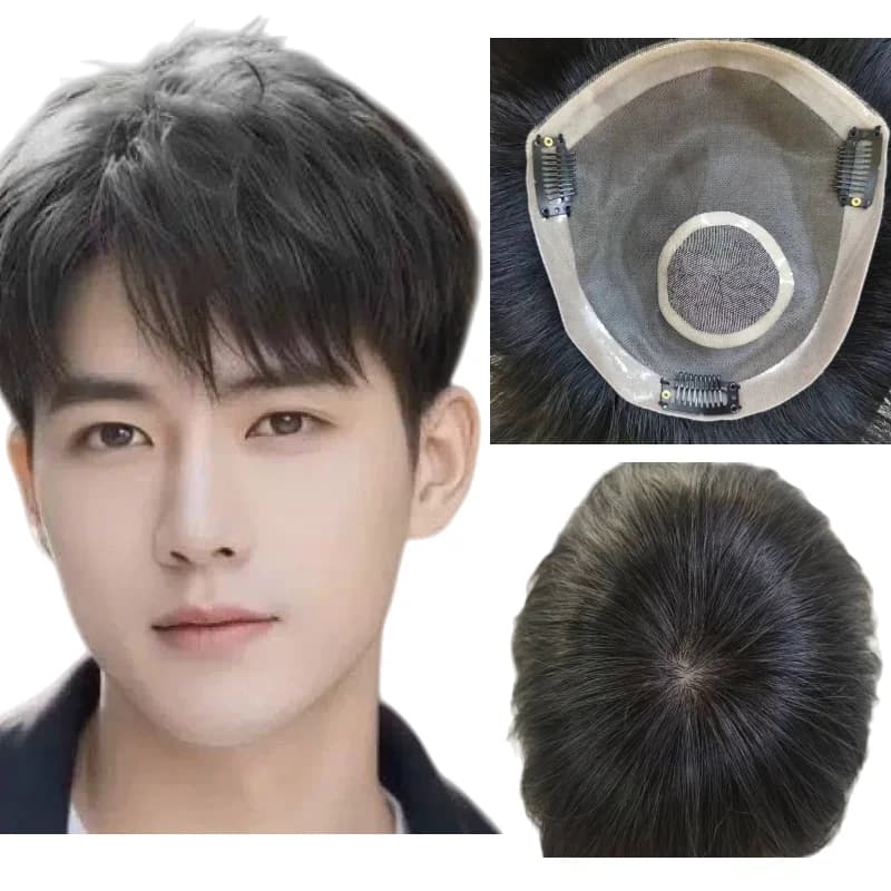 100% capelli umani da uomo parrucchino mono base in pelle 6 pollici bordo in PU anteriore in pizzo con clip a scatto costruzione legata a mano pezzo nero jet