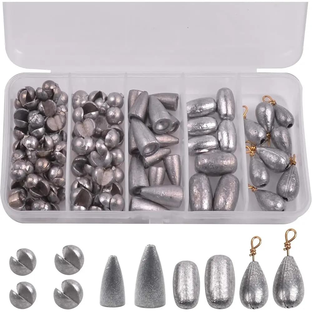 Freshwater and saltwater fishing: assortment of 106-piece poplars, bell and split weights with equipment box