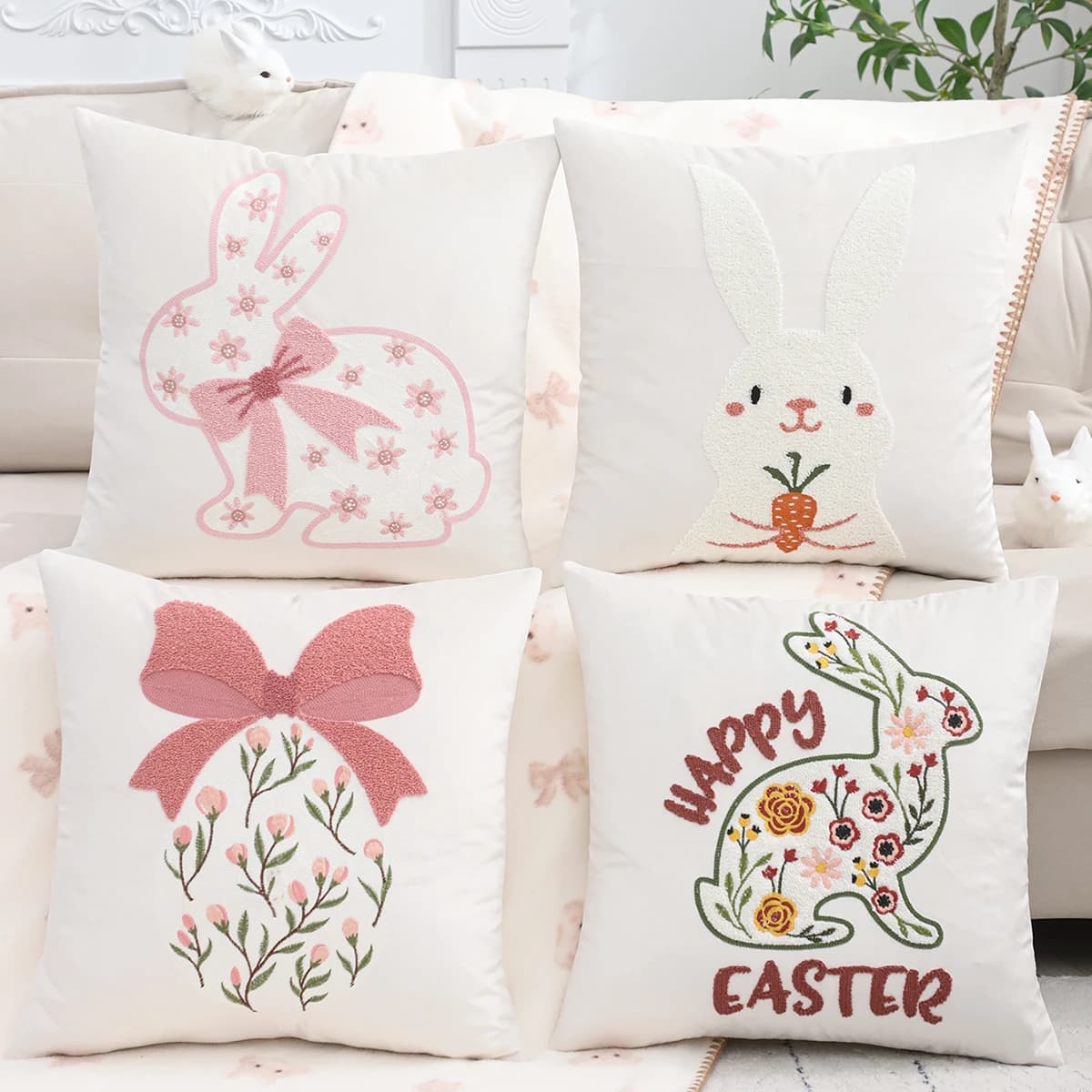 1 PC Easter Decorative Pillow Cover Rabbit Velvet Embroidery Spring Summer Gift living Room Sofa Home Decor