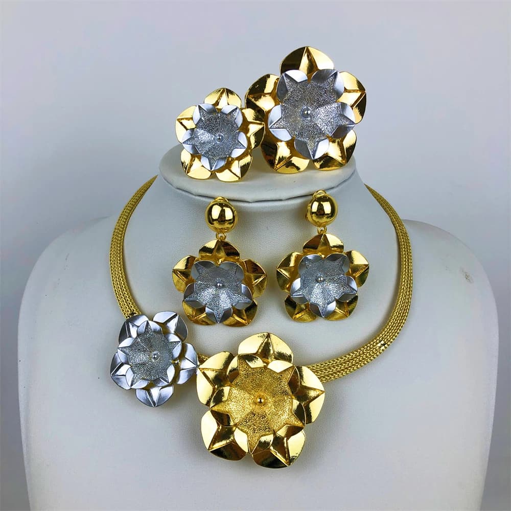 ESALE Set di gioielli da donna alla moda di nuova moda, set di gioielli da sposa africani placcati in oro brasiliano, collana con ciondolo a fiore grande