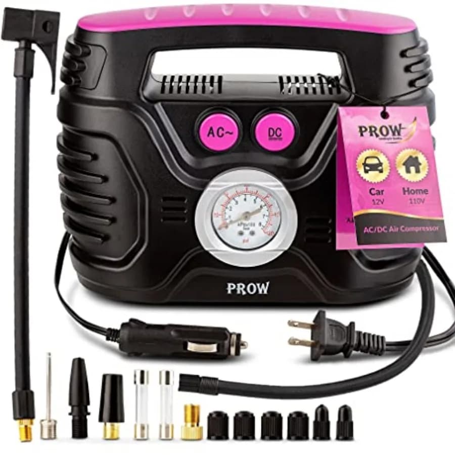 Compressore d'aria elettrico portatile 12V 110V per auto e bici, pompa per valvole Presta e Schrader, manometro analogico di alta qualità