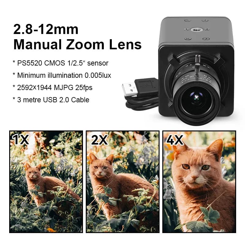 New Webcam 5600 PS5520 5MP with CS MF 2.8-12mm, Plug-and-Play, Wide Dynamic Range, UVC OTG USB HD for Windows/Linux/Android CMOS