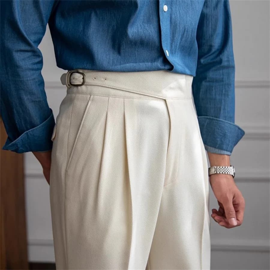 Pantaloni da uomo in tinta unita pantaloni a vita alta con cintura alla moda primaverile pantaloni dritti pieghettati moda uomo Business Office Streetwear