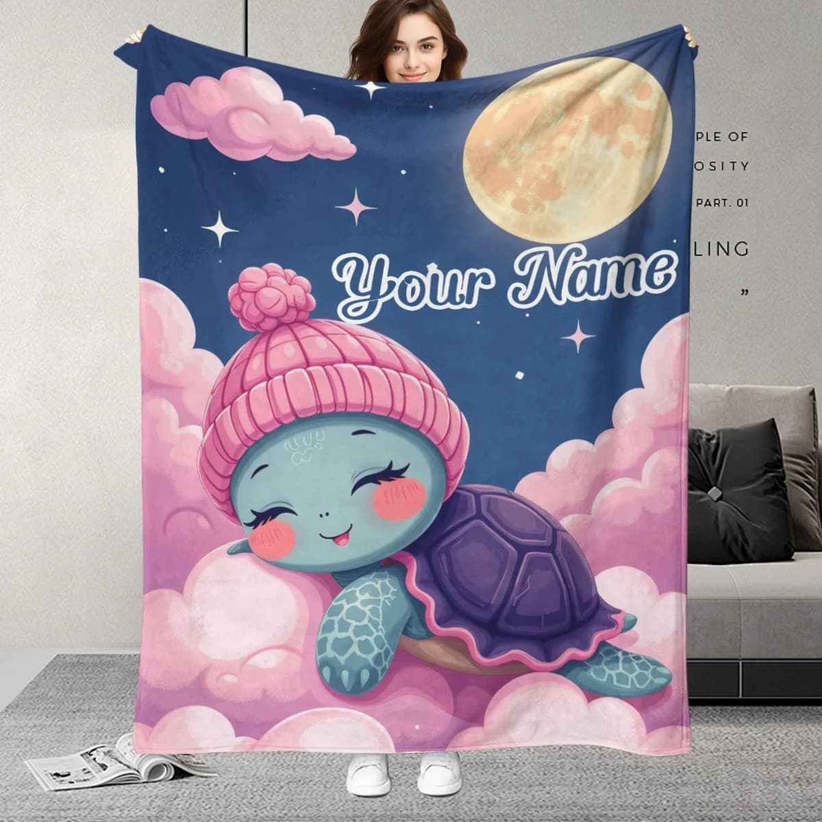 Personalizza coperte con nome personalizzato, tartaruga rosa cartone animato, compleanno, regalo per figlie o fidanzata, adatto a tutte le stagioni