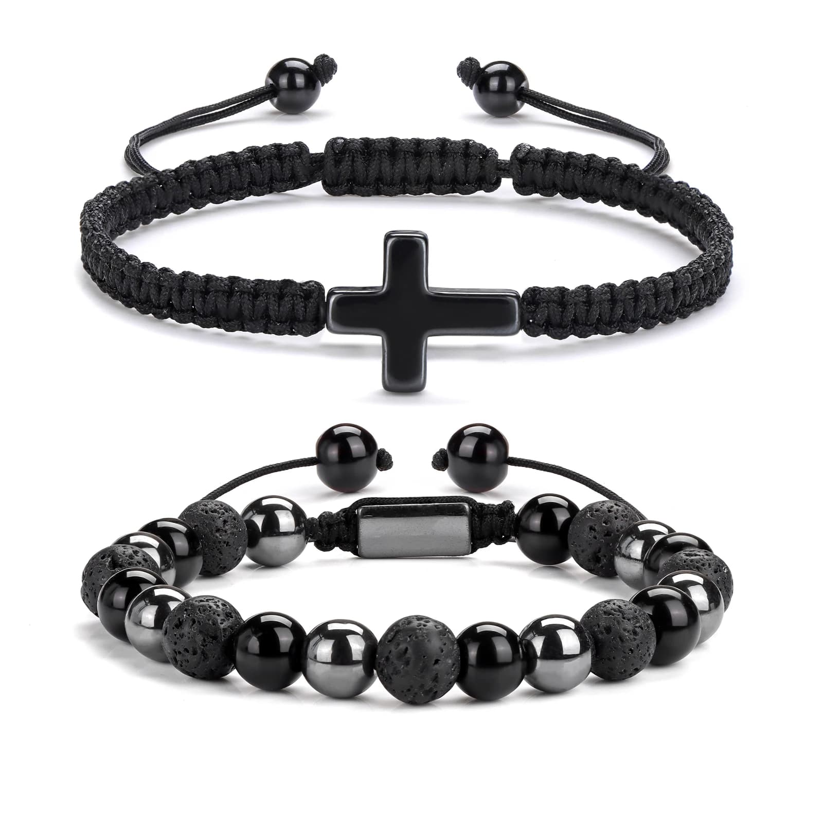 2 pezzi/set braccialetti con croce in pietra naturale intrecciata a mano, perline, gioielli, regali per uomo