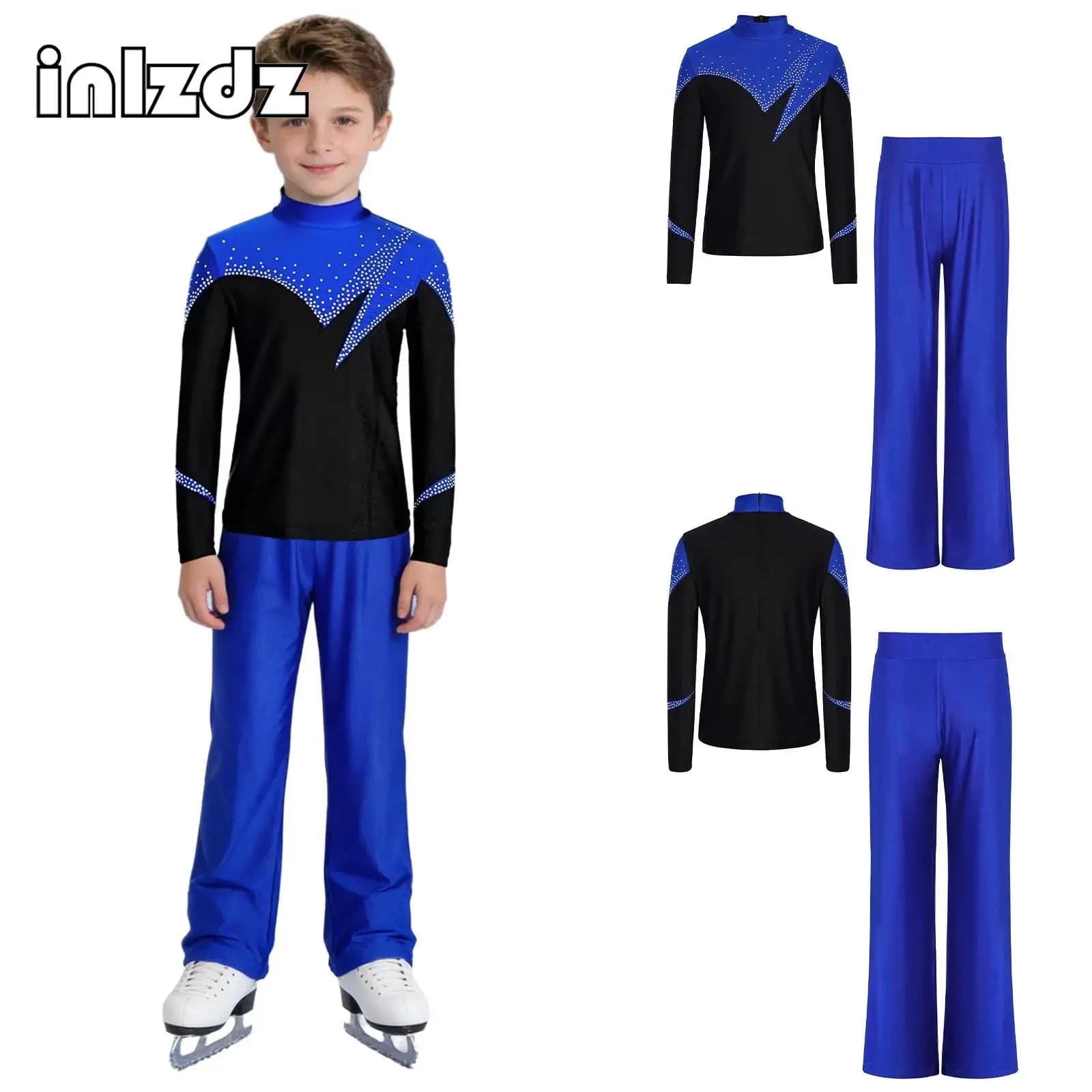 Completo da Pattinaggio Artistico con Strass Luccicanti per Bambini, Top a Maniche Lunghe e Pantaloni per Ginnastica, Spettacoli e Competizioni