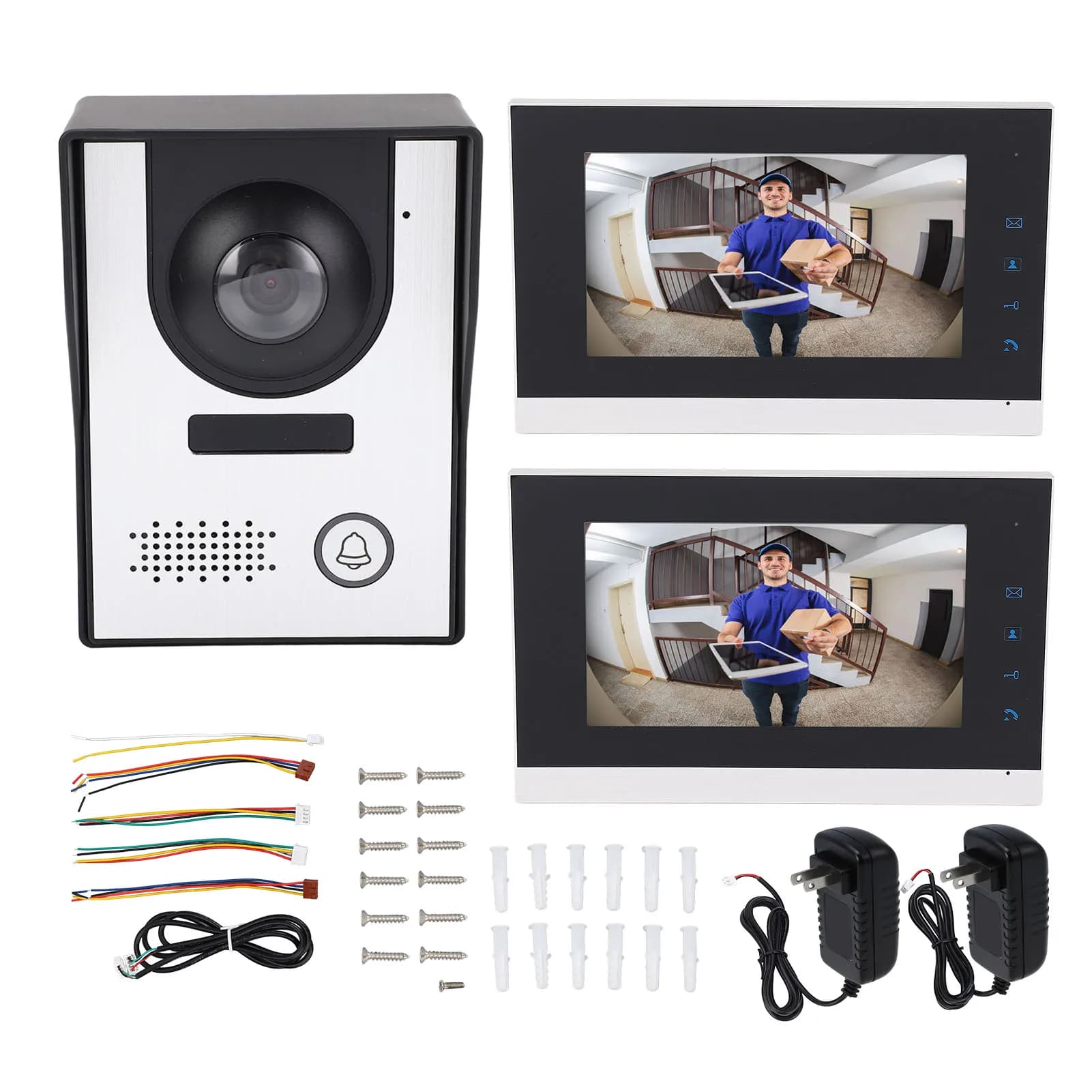 Sistema Videocitofonico Cablato con Visione Notturna a Infrarossi, Sblocco Remoto, Telecamera Videocitofonica con 2 Schermi da 7 Pollici per Villa e Appartamento
