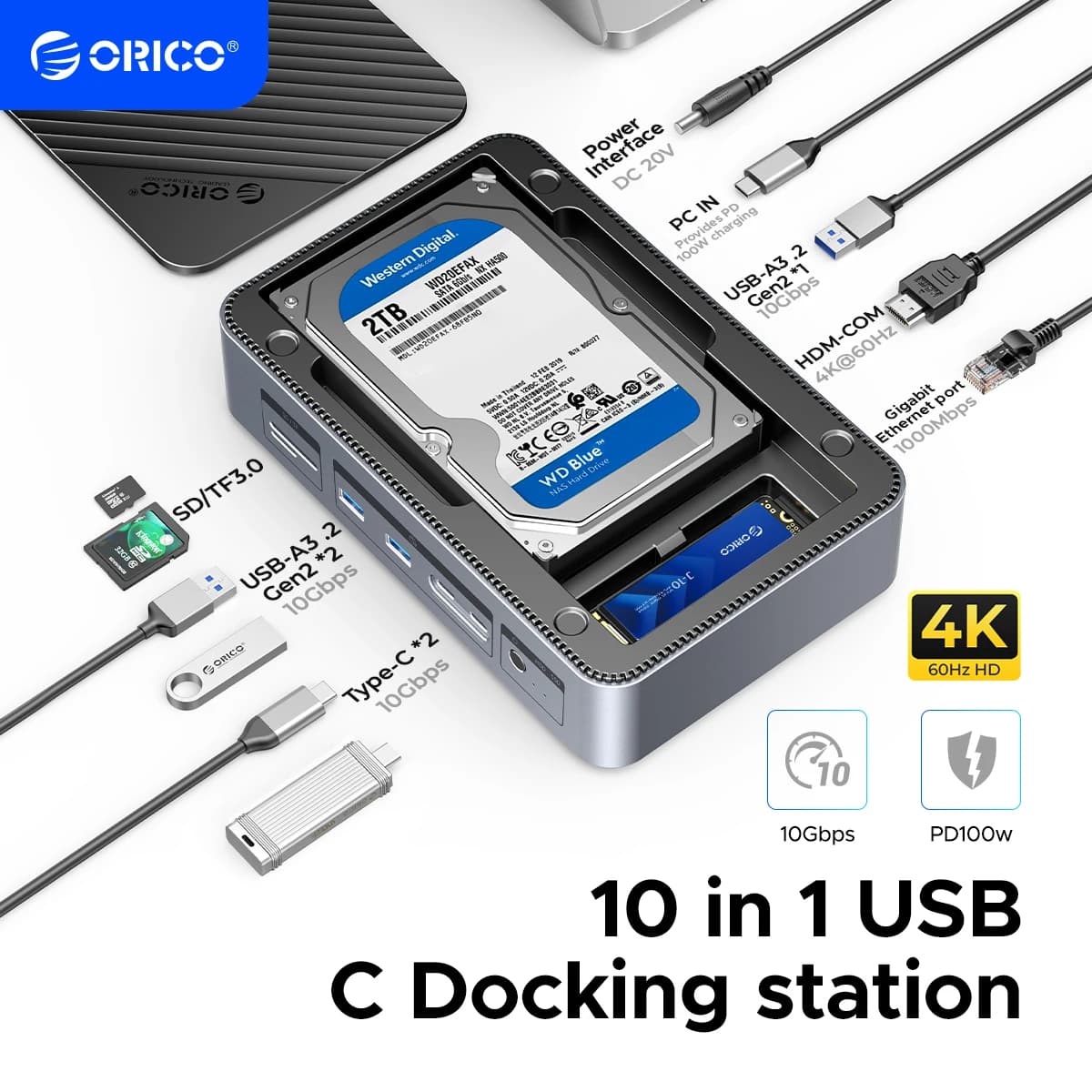 Docking Station ORICO con Doppio Case per SSD M.2 NVME, Enclosure per Disco Rigido da 3,5 Pollici, Steam Dock 10 in 1, HDMI 4K60Hz, PD100W, Ethernet