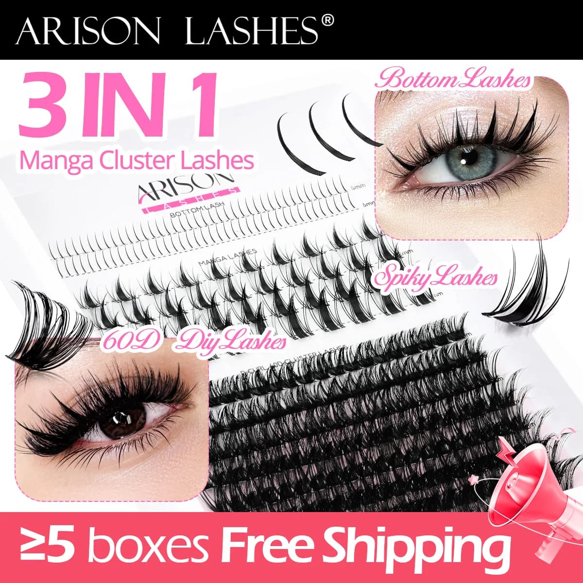 ARISON 3IN1 60D Cylinder Eyelash Set Spiky Effect + Ciglia Finte Inferiori Fai-da-Te 5-18mm Extension Voluminous for Domestic and Professional Use