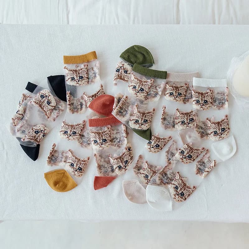 Japanese Kawaii Cartoon Cute Socks Women Summer Ultra-thin Transparent Crystal Silk Socks Casual Breathable Elastic Lace Socks