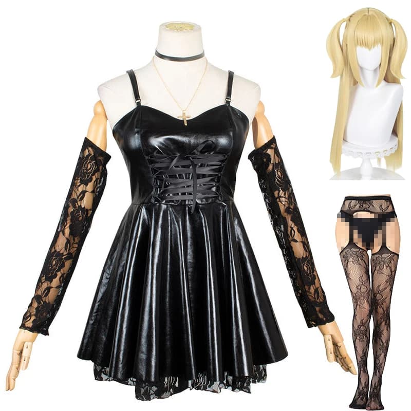 MisaMisa Cosplay Death Note Costume Cosplay Collana Maniche in pizzo Calze con giarrettiera Misa Amane Parrucca Donna Gioco di ruolo Vestito in pelle