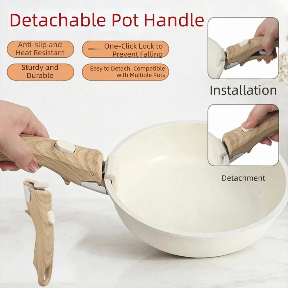 Wood Handle Removable Pot Handle Universal Ergonomic Detachable Frying Pan Handle Anti-Scalding Removable Pot Replacement Clip