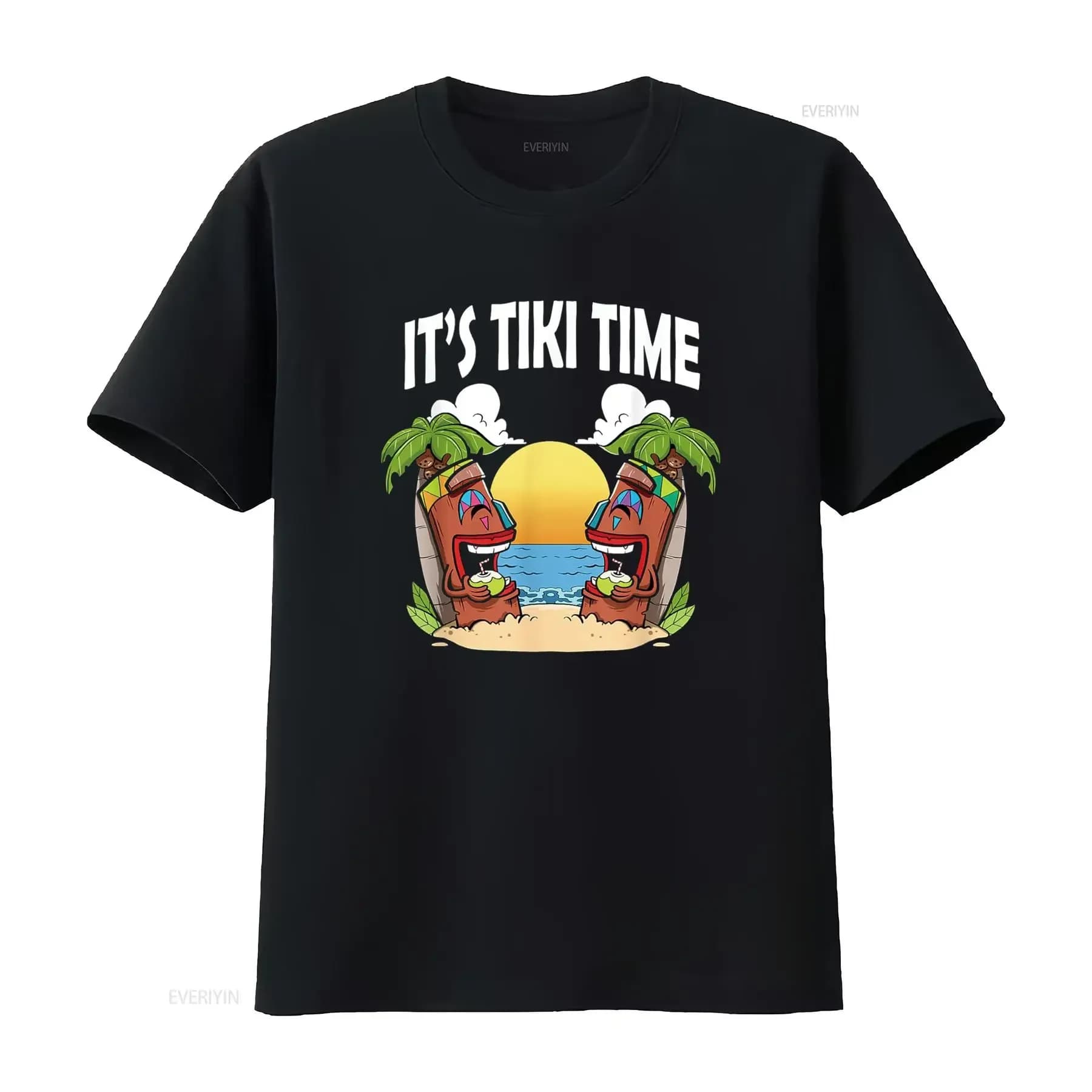 Tiki T Shirt Man Head It s Time Hawaiian Luau Vintage Woman Washed Unisex Breathable Slightly Graphic Casual
