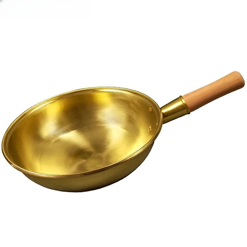 Padella Wok in rame puro al 100% Pentola in rame Manico in legno addensato Padella in ottone Pentole