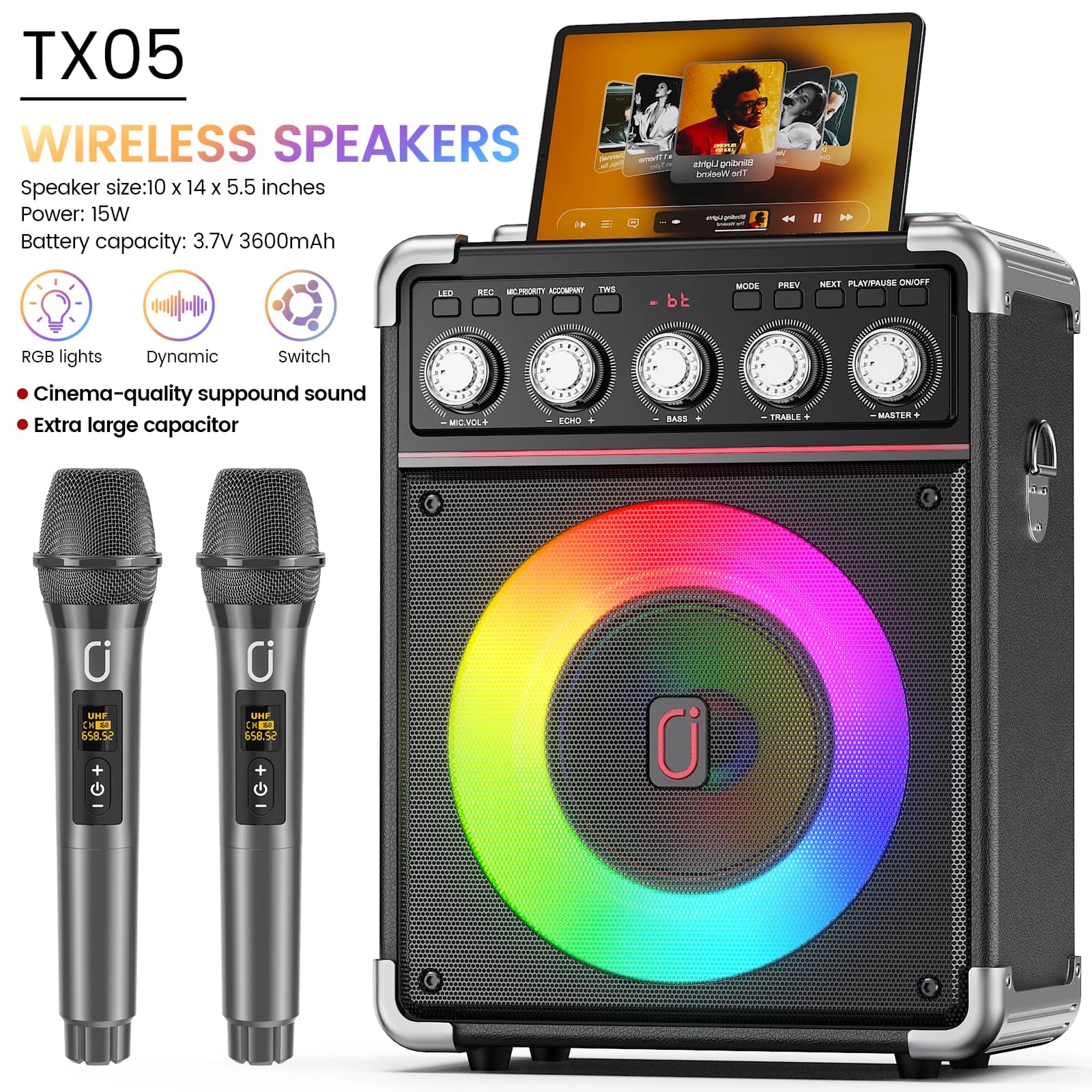 Macchina per karaoke con 2 microfoni: macchina per karaoke portatile per adulti e bambini, altoparlante Bluetooth per feste con regolazione dei bassi/acoli