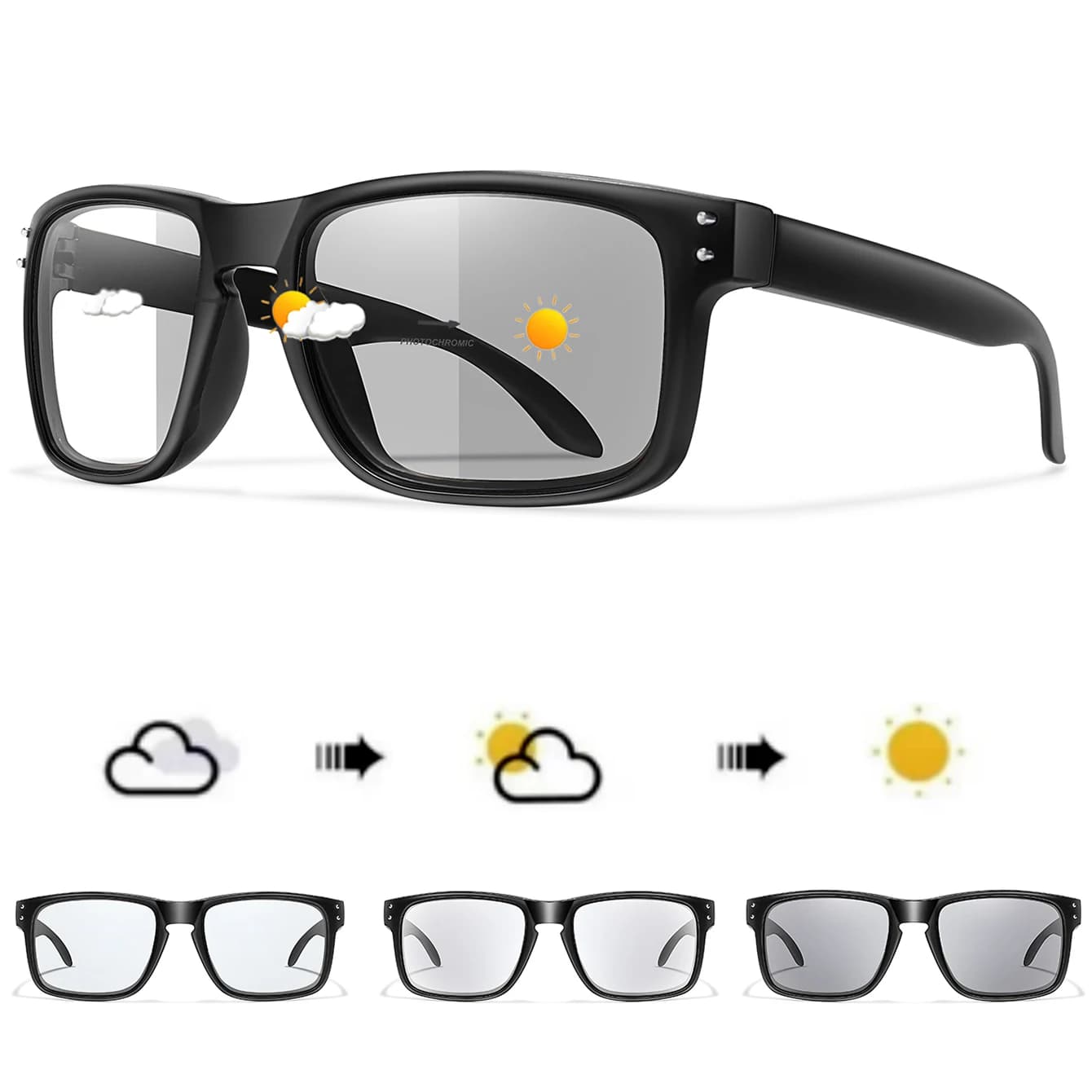 Photochromatic sunglasses for men and women Classical square glasses for outdoor travel Hiking Fishing Black and white glasses