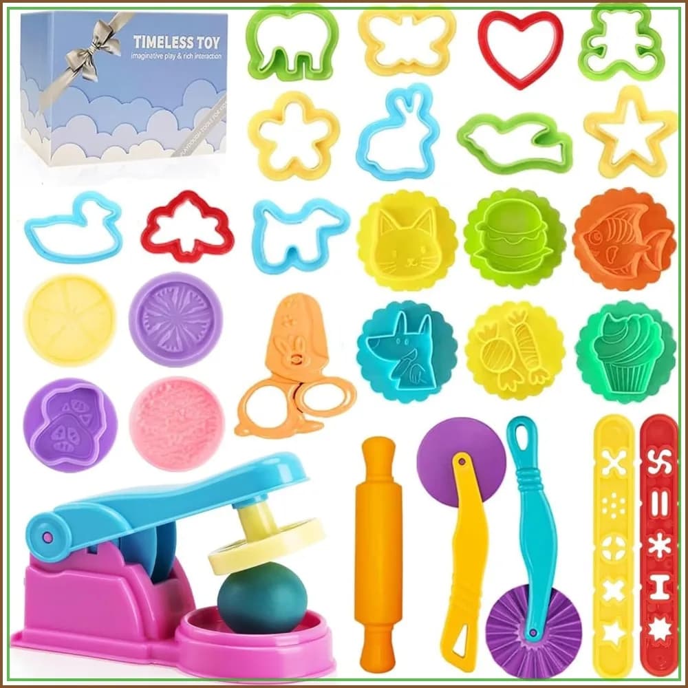 Dough Tools Play Set with Stamps, Cutter, Scissors, Roller, Extruder, Molds, Storage Box - Party Favors for Ages 2-8