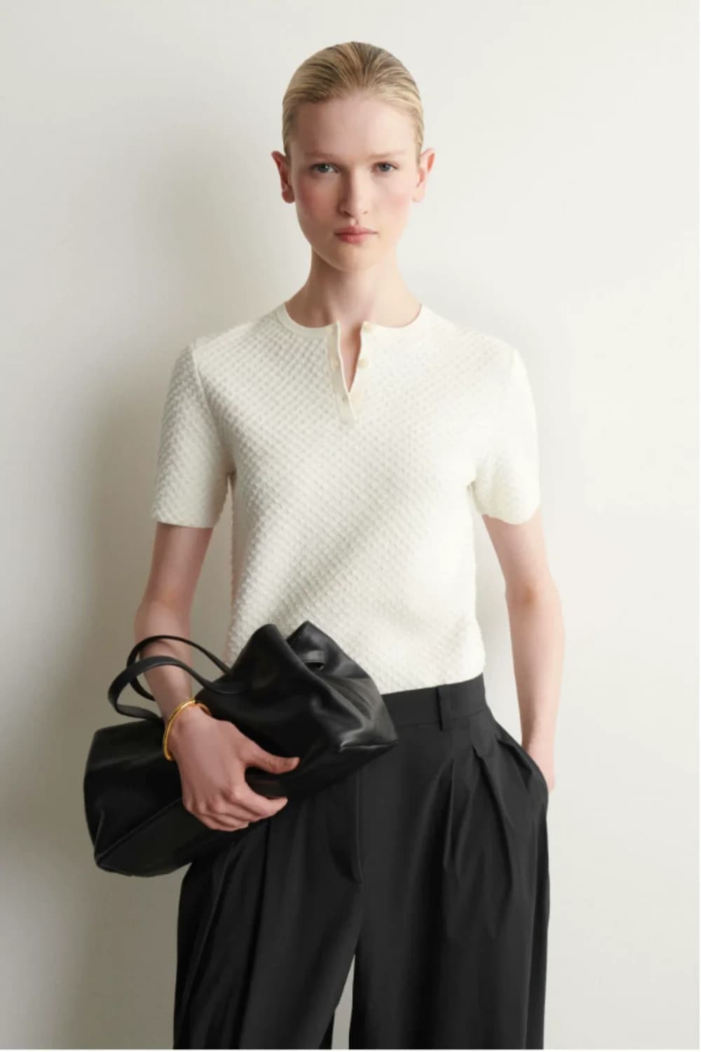 XIMIAN APPAREL 2026 traf cos spring new style of Women's Standard style cream-colored jacquard knitted Henry collar T-shirt