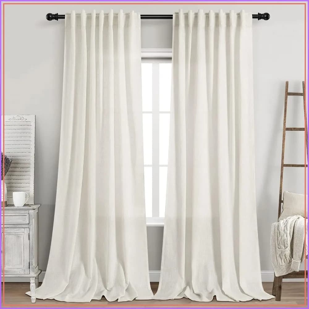 Cream Linen Curtains 108in Long, 2 Panels Set, Light Filtering Semi Sheer, Back Tab & Rod Pocket, Farmhouse Living Room, 9FT