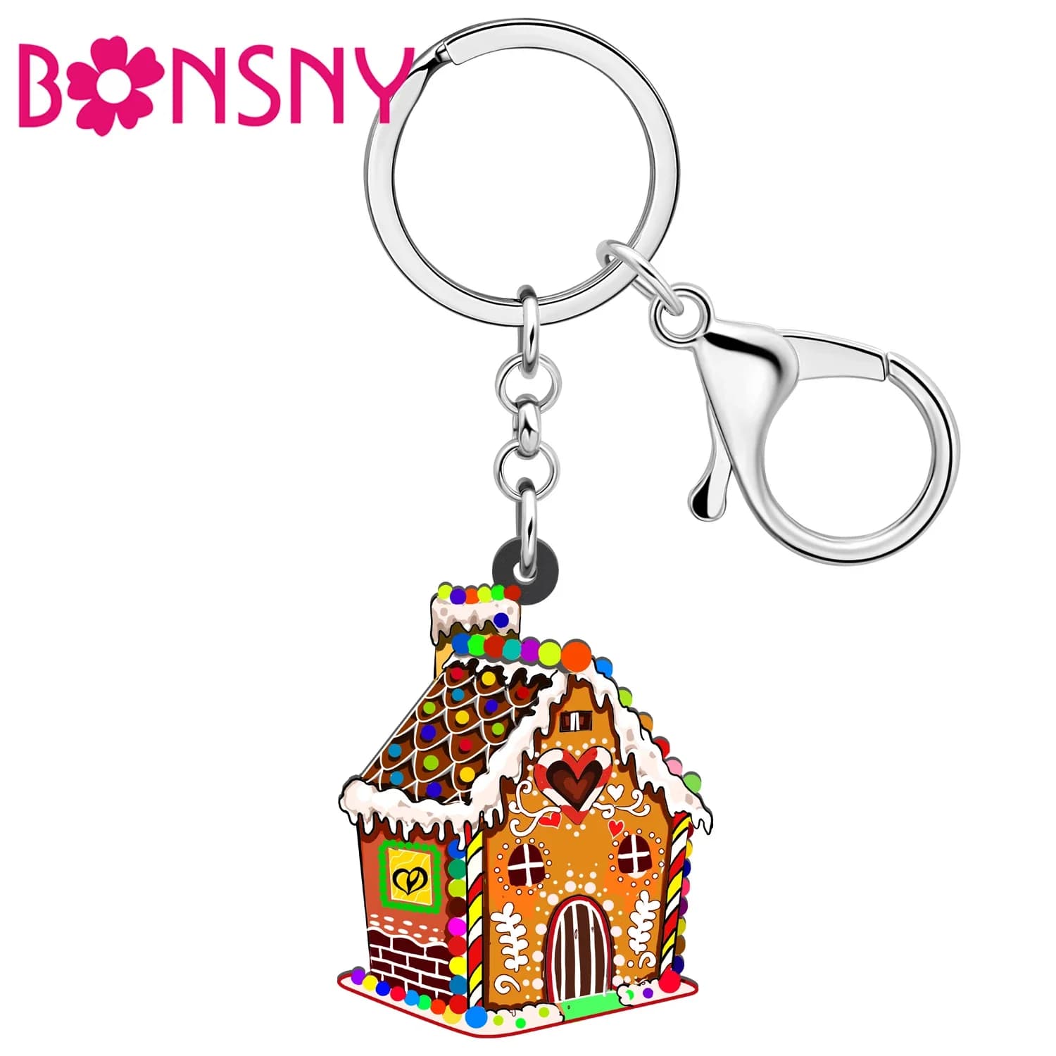 BONSNY Natale acrilico carino casa di neve portachiavi cartone animato borsa festosa portafoglio portachiavi anelli ciondoli accessori per le donne