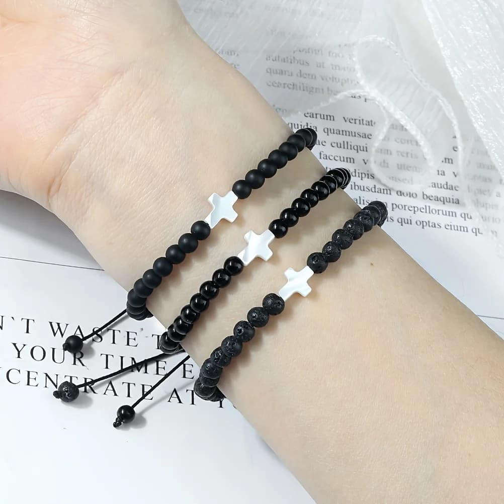 Bracciale in Pietra Naturale da 4mm, 14 Stili, Fatto a Mano, con Perline, Ciondolo a Croce, Regolabile, per Donna e Uomo, Idea Regalo, Gioielli